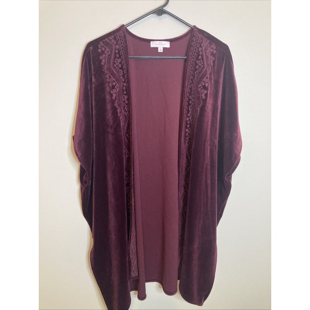 New Directions Velvet Embroidery Open Front Cardigan Size L Burgundy Whimsigoth